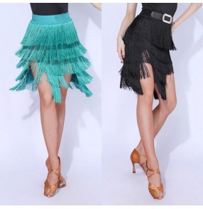 Women black green tassels latin dance skirts modern dance salsa rumba stage performance dance fringed skirt for female